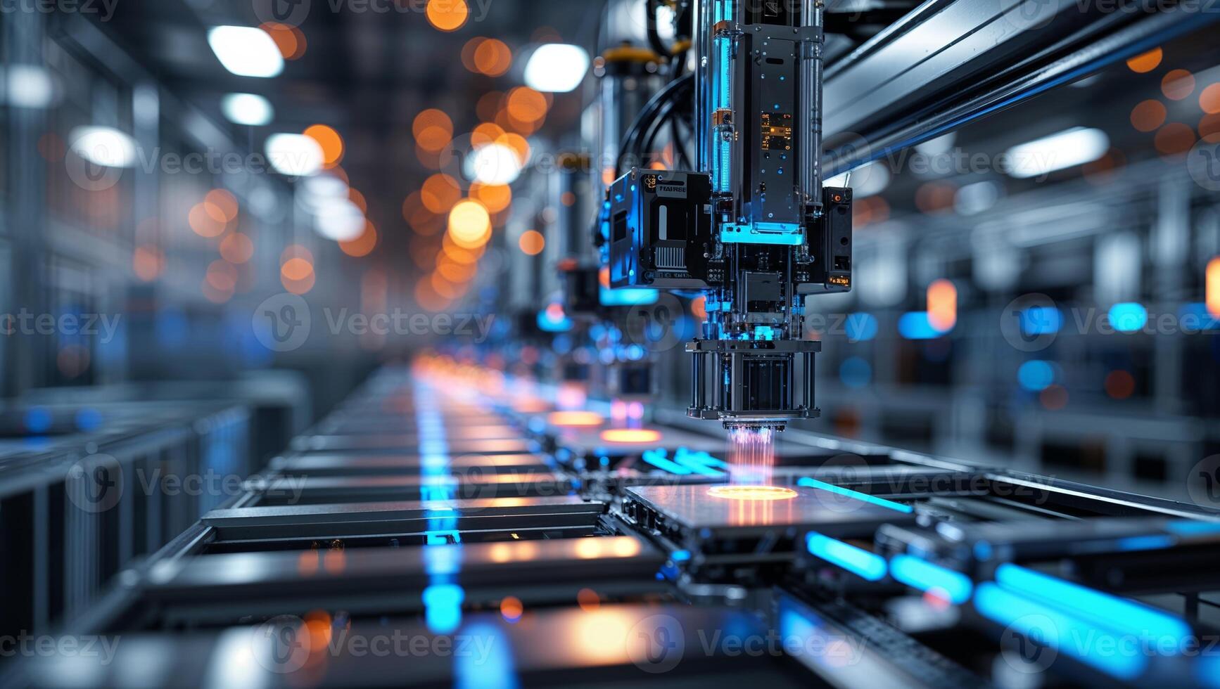 Industrial automation system uses robotic arms to assemble electronic components in a high-tech manufacturing facility photo