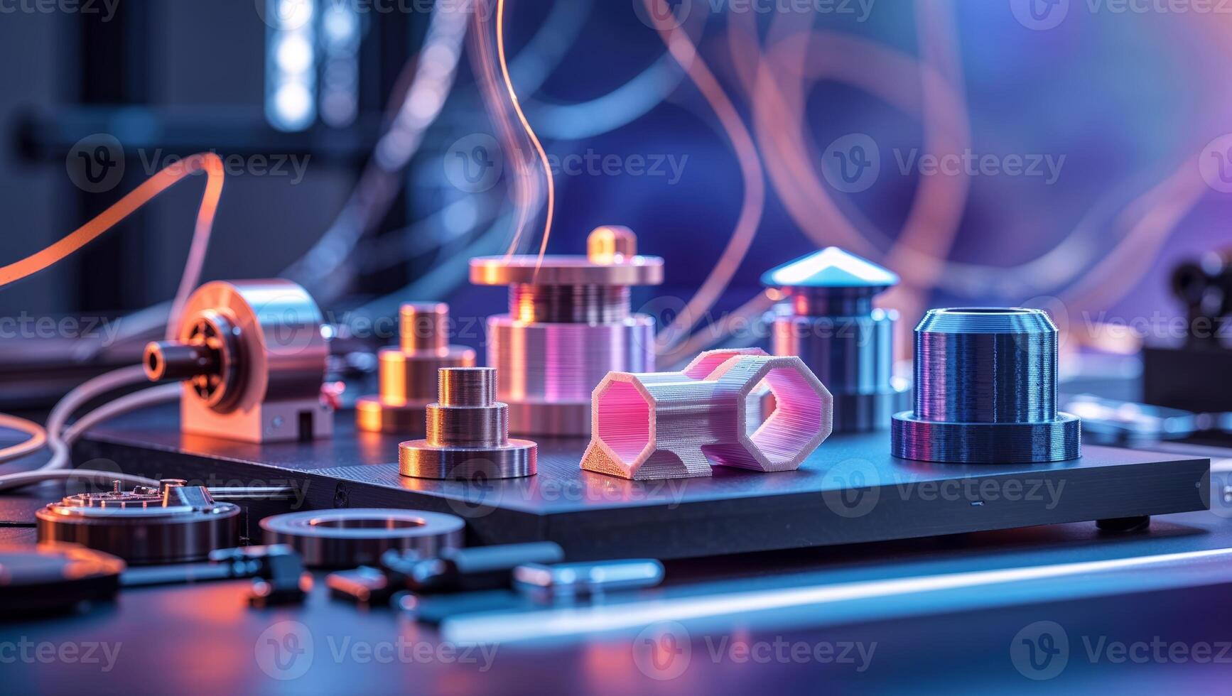 Close-up of metallic components arranged neatly in a workshop showcasing advanced manufacturing techniques and tools photo