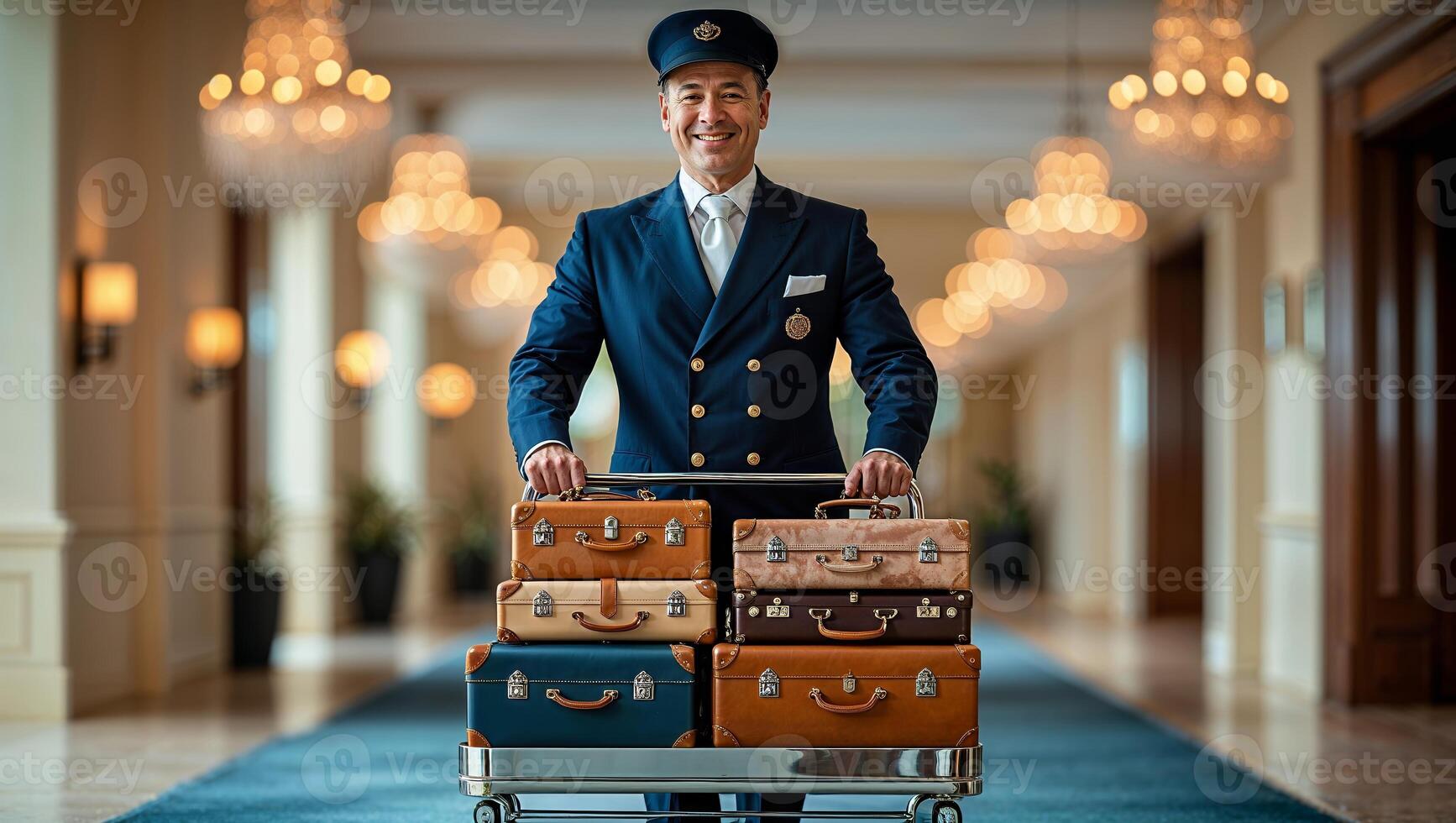 Bellhop smiles while transporting vintage luggage through an elegant hotel lobby during daytime photo