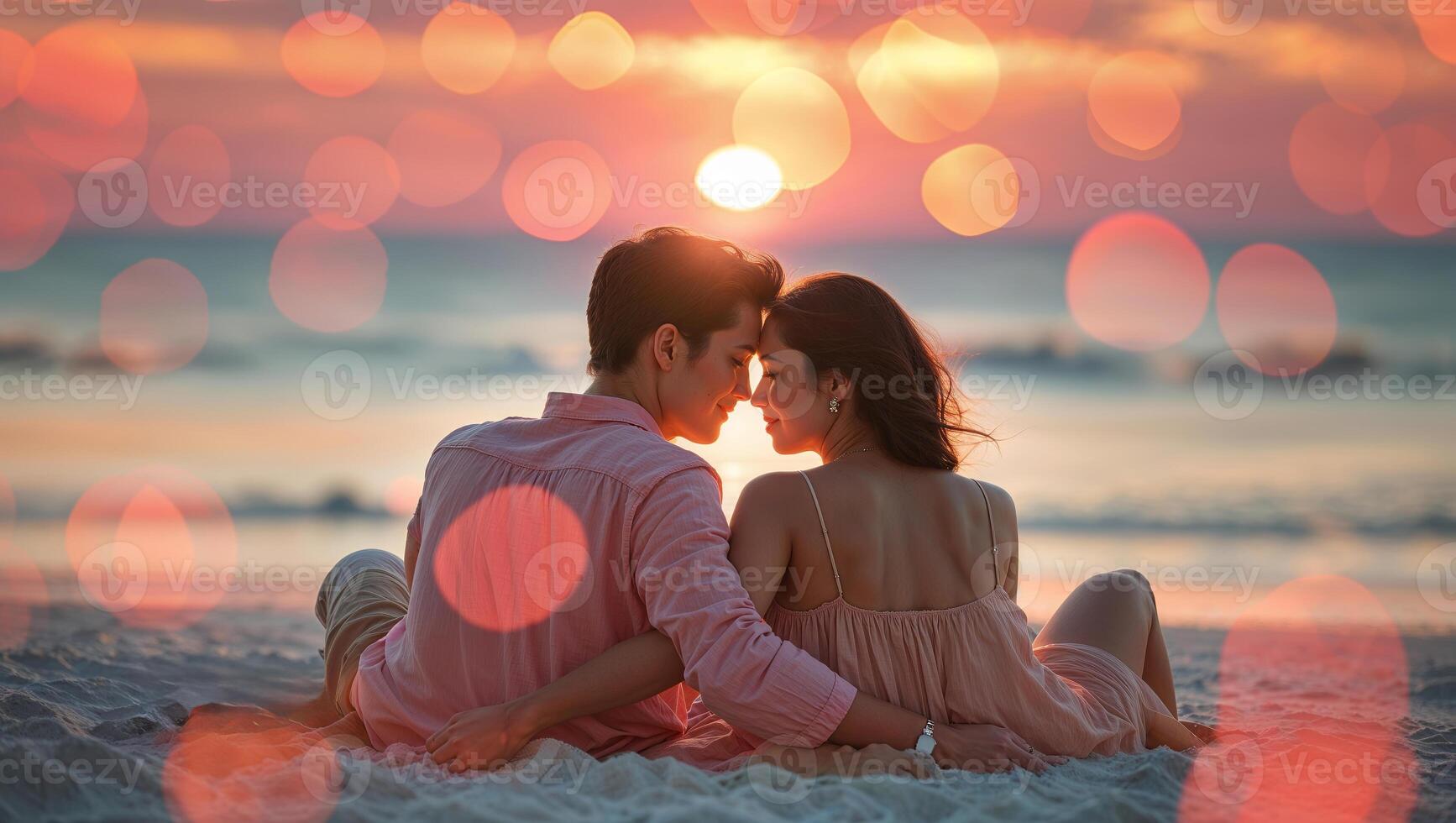 Romantic sunset moment between couple on beach enjoying the serene ocean view together photo