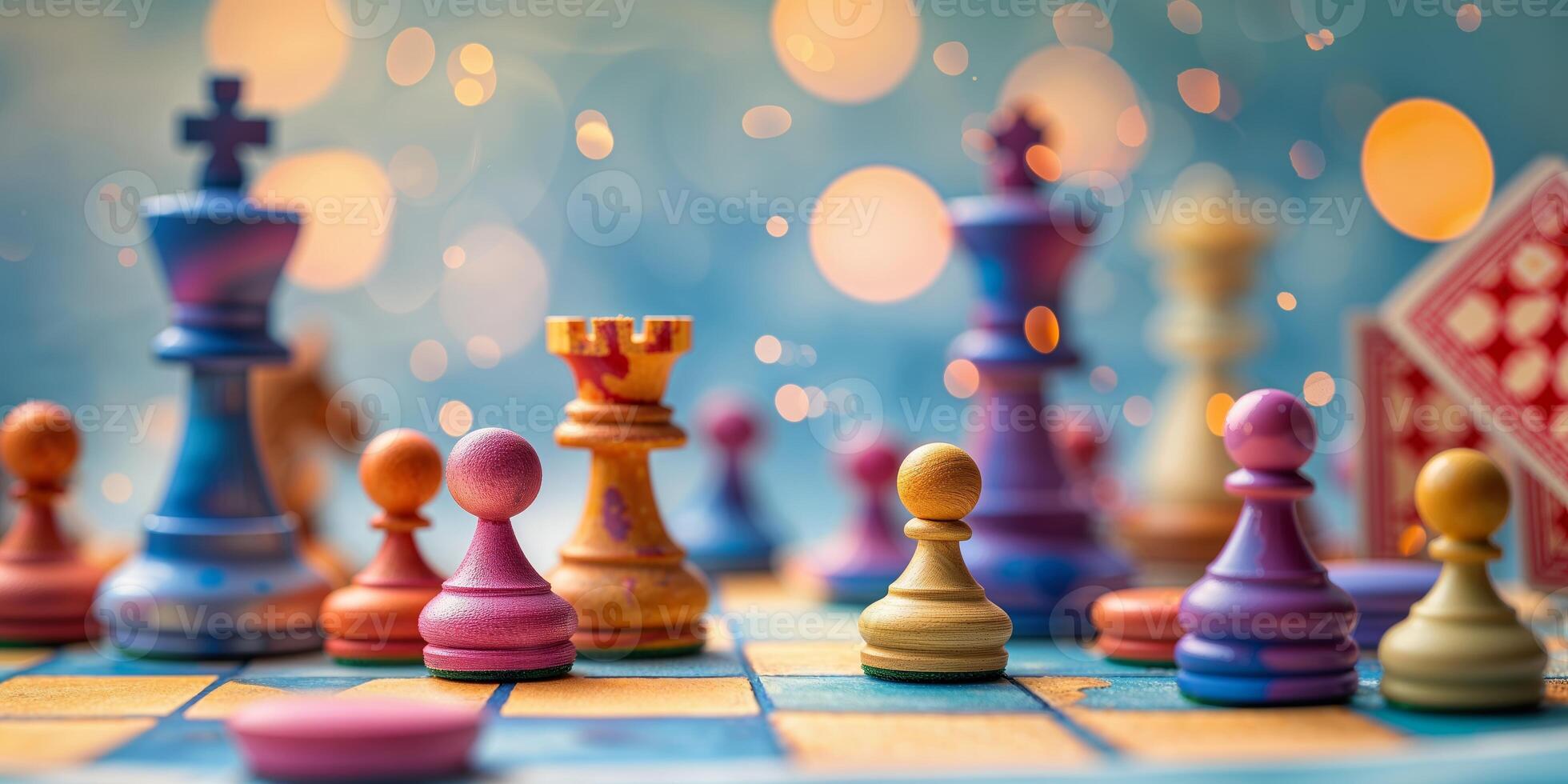 Vibrant chess pieces on a colorful board capture the joy of strategic gameplay against a dreamy bokeh background photo