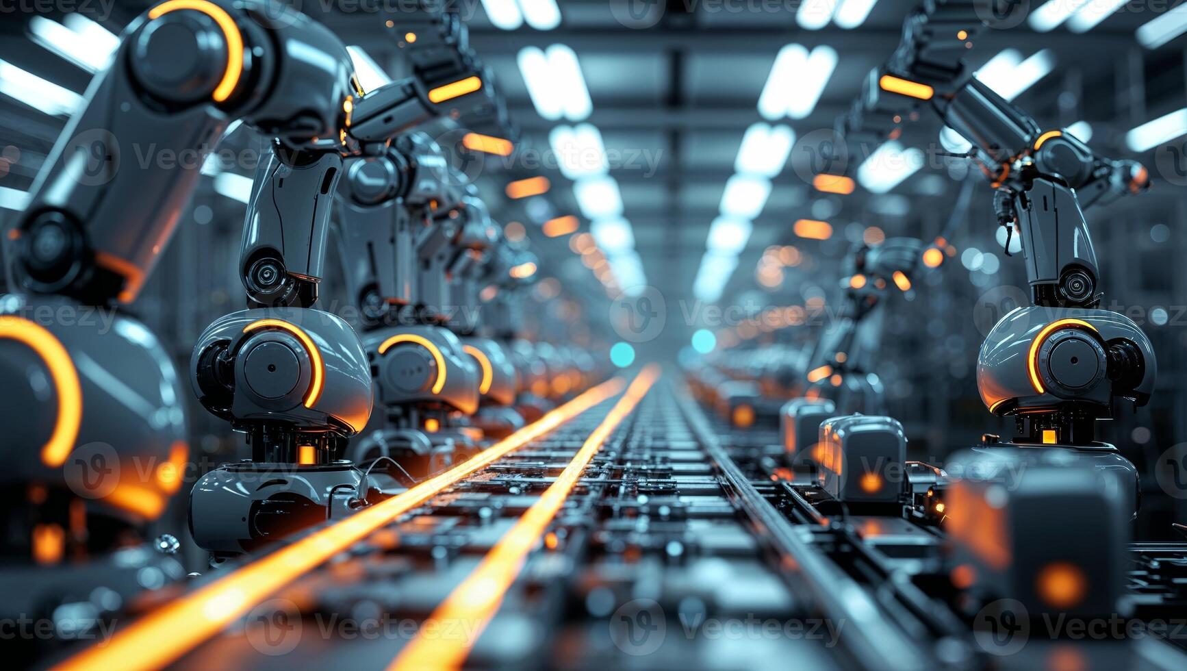 Advanced robotic arms performing precision tasks in a modern manufacturing facility during industrial automation photo