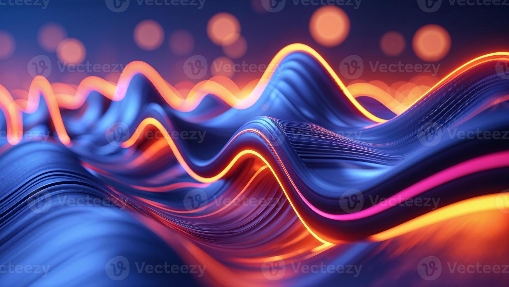 Colorful abstract digital waves create a vibrant visual effect in a futuristic landscape setting at night photo