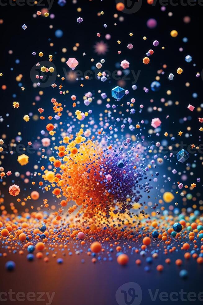 Colorful abstract explosion of particles showcasing movement and different shapes in a dark environment photo