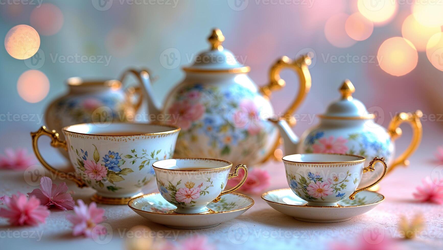Vintage tea set with floral designs arranged elegantly on a table surrounded by soft pink flowers and warm bokeh lights photo
