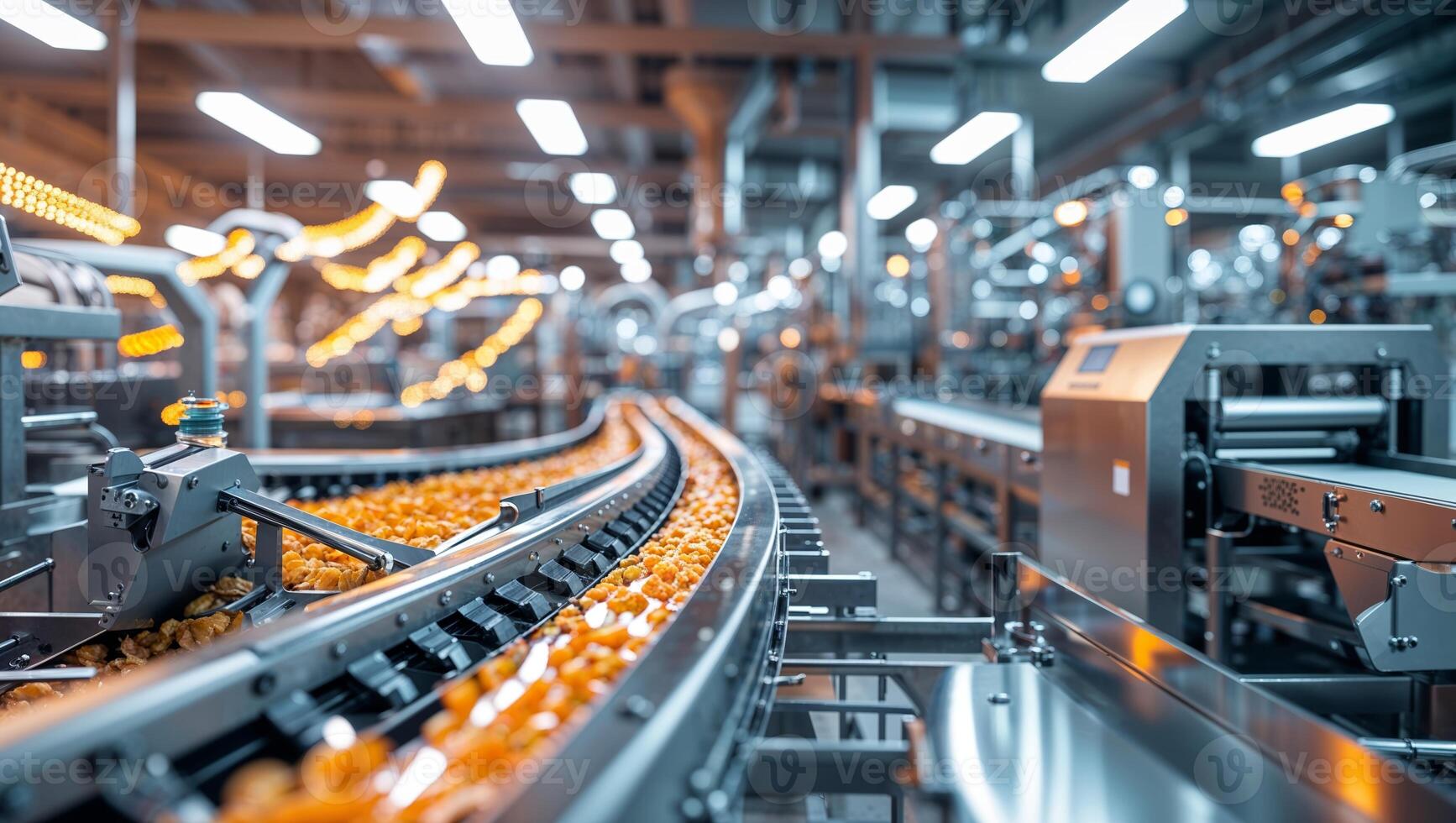 Production line in a modern factory with automated machinery processing goods during daytime operations photo