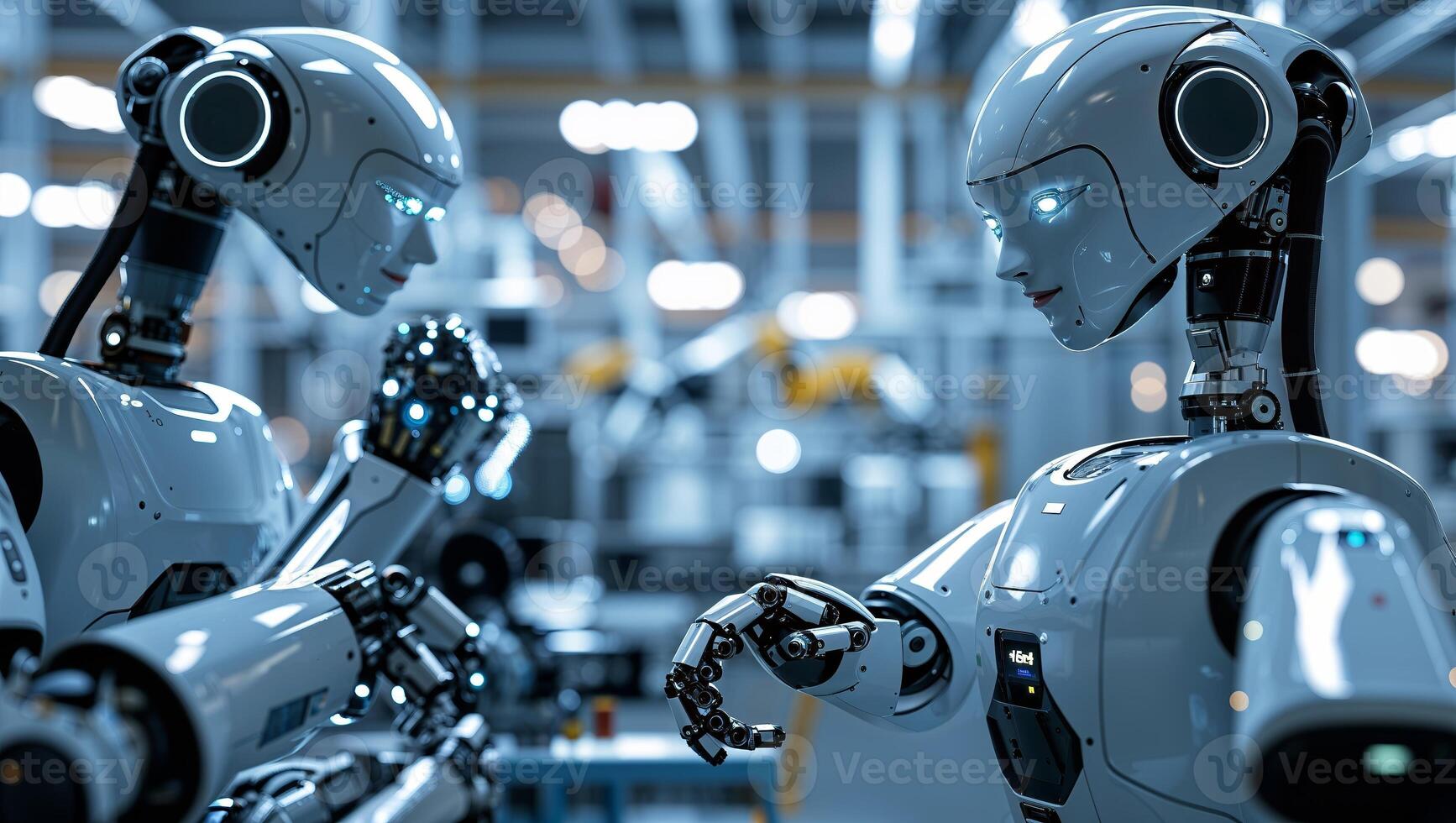 Robots interacting in a modern industrial setting during daylight hours photo