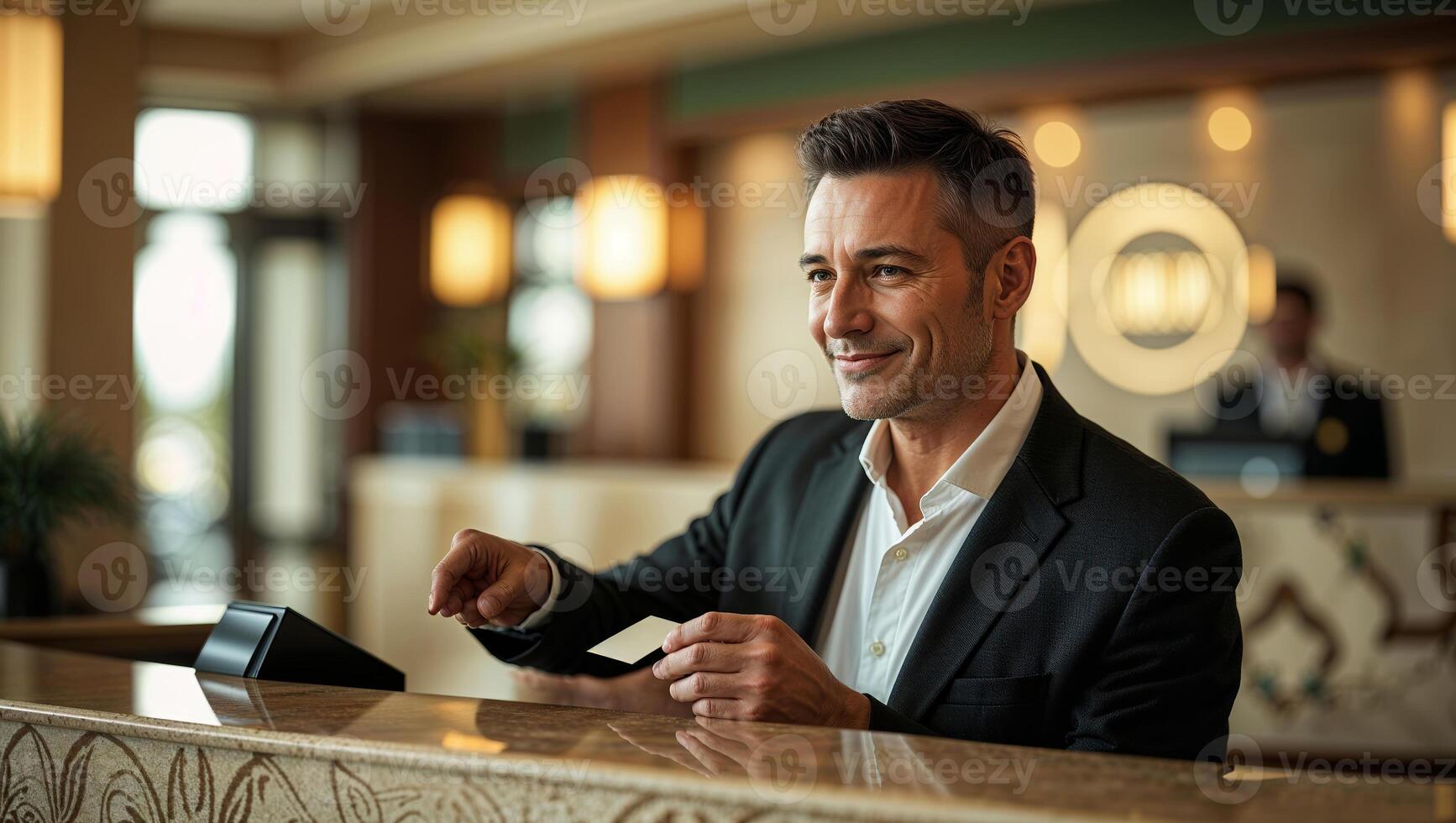 Professional man checking into a luxury hotel at the reception desk during daytime photo