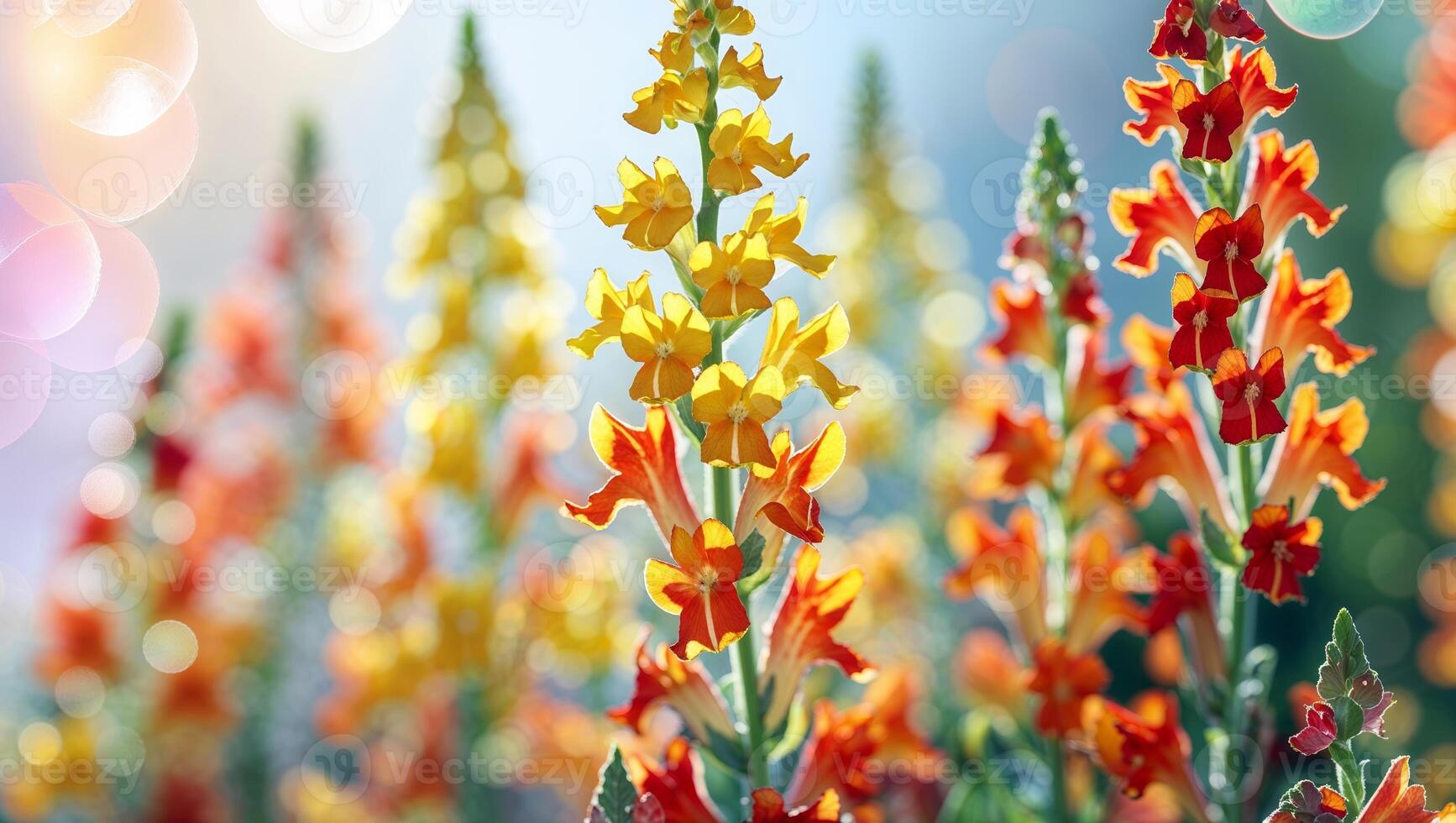 Vibrant yellow and orange flowers blooming in a sunlit garden during springtime with a soft bokeh background photo