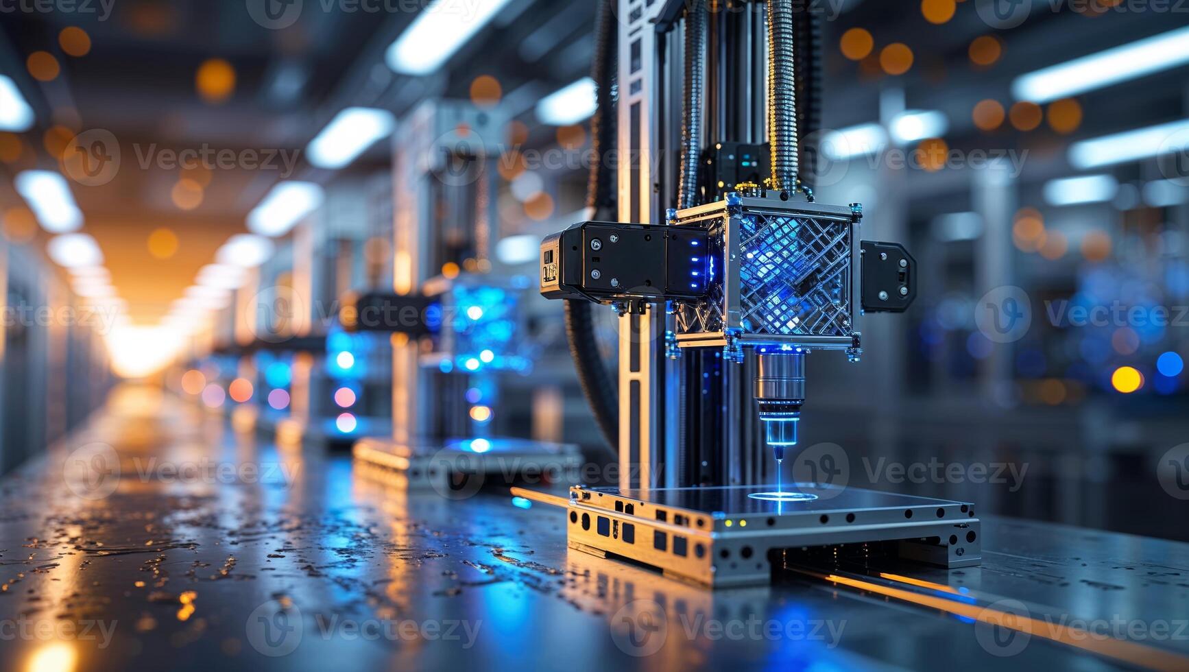 Advanced robotic machinery working in a modern automated factory during nighttime photo