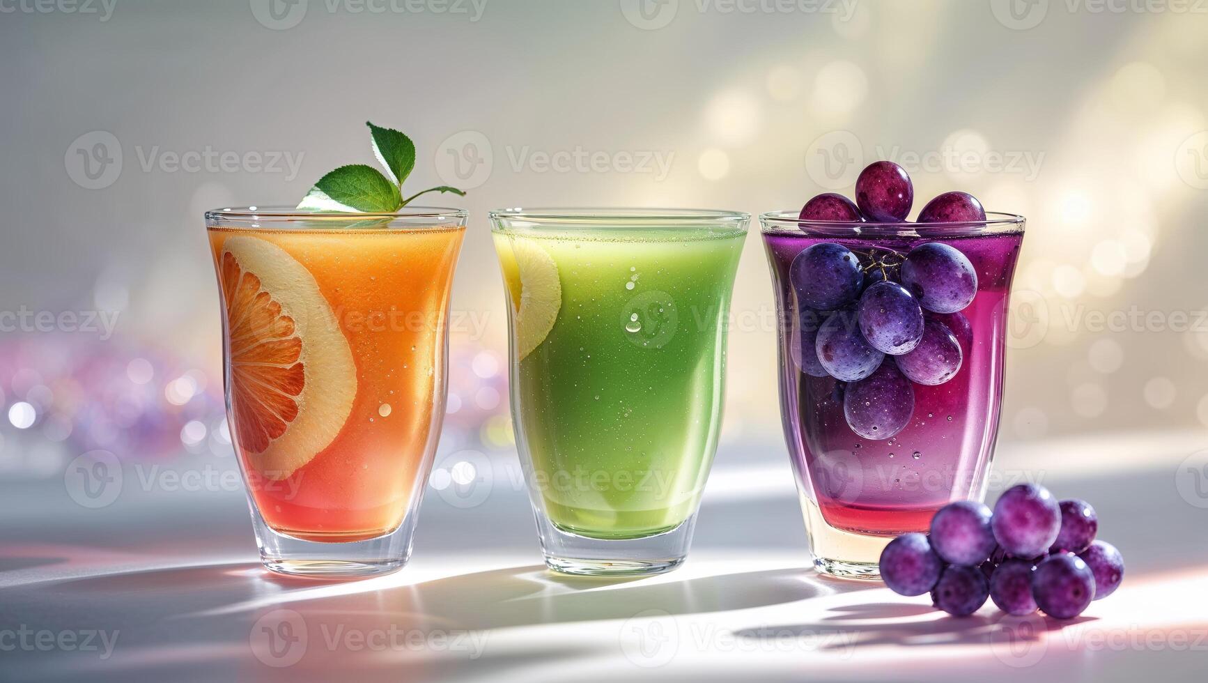 Refreshing fruit drinks in vibrant colors served in clear glasses on a soft background photo