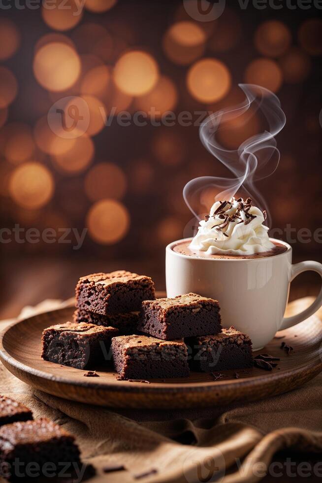 Delicious brownies and a hot chocolate drink topped with whipped cream in a cozy setting with bokeh lights photo