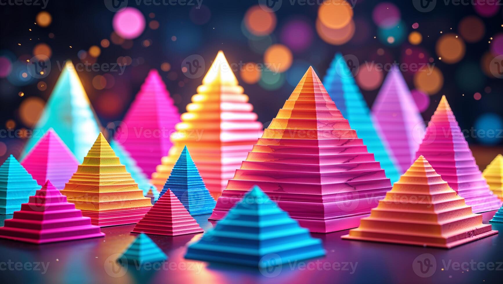 Colorful paper pyramids illuminated with vibrant lights create a festive atmosphere during a creative arts event photo