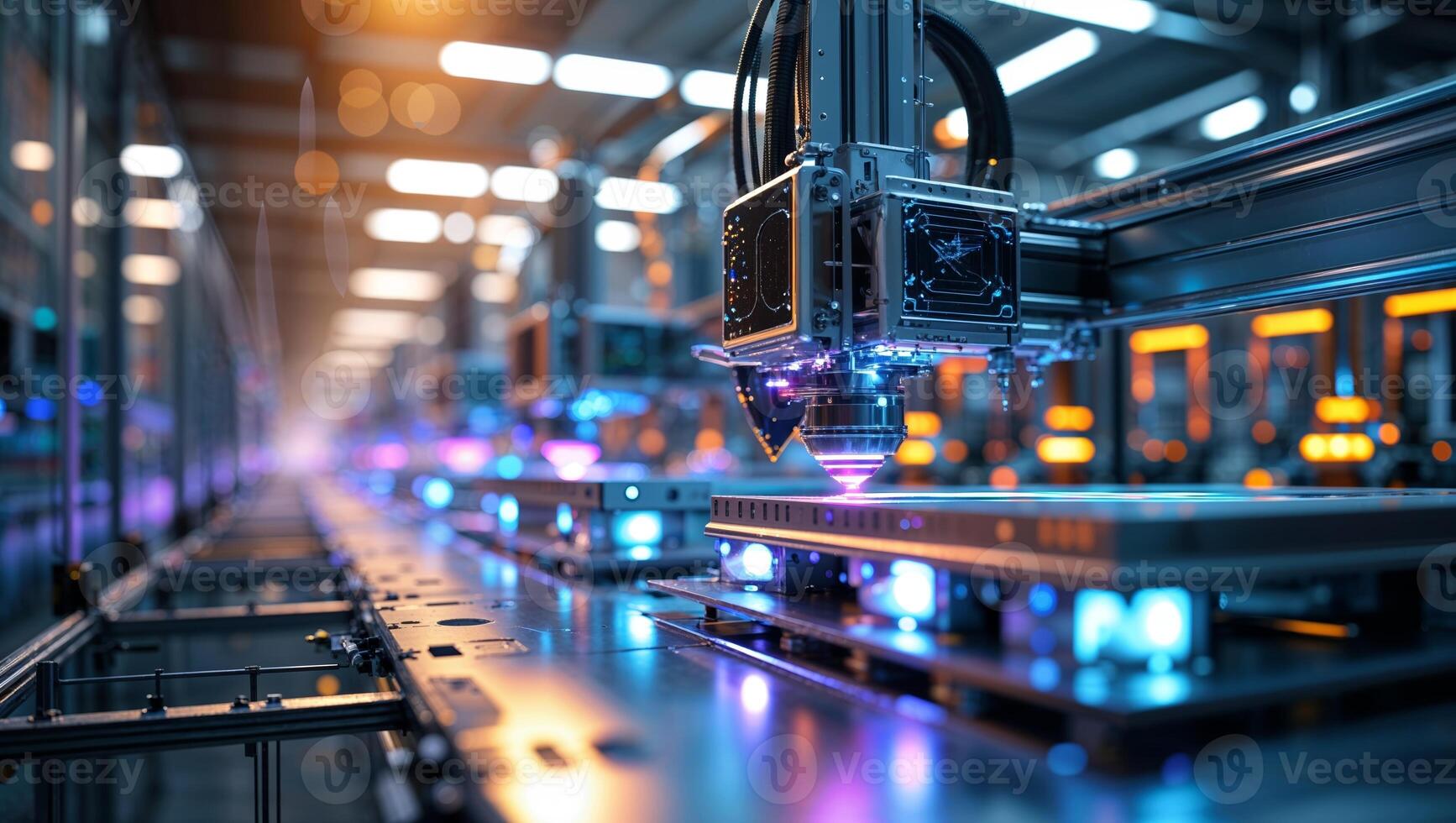 Advanced robotic arms operate in a modern manufacturing facility during nighttime to enhance production efficiency photo
