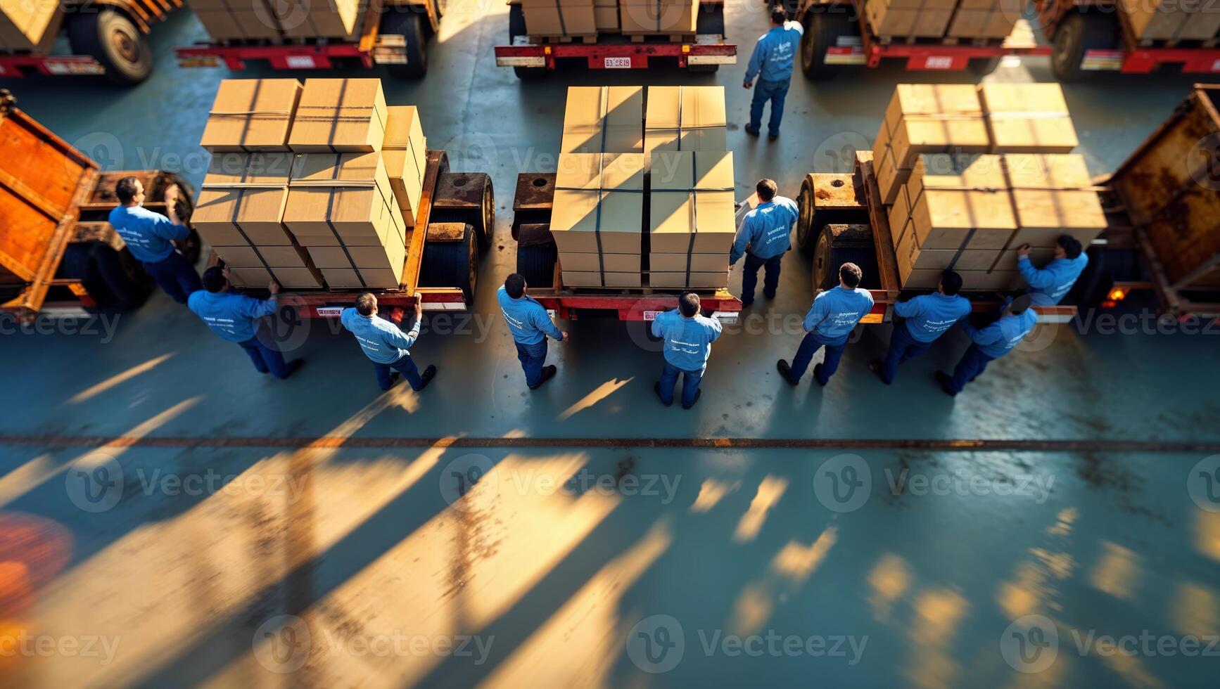 Workers organizing and stacking cardboard boxes onto trucks during daylight at a busy shipping dock photo