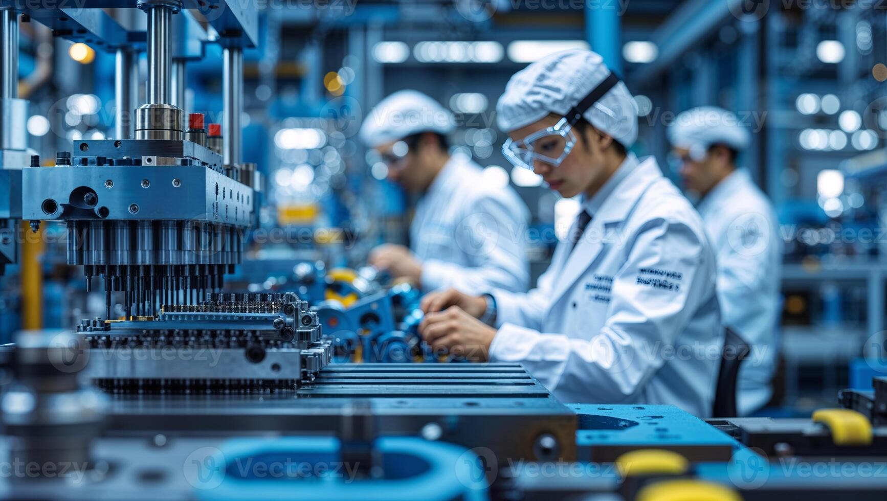 Workers in a factory focus on precision assembly tasks amid modern machinery during a bright daytime shift photo