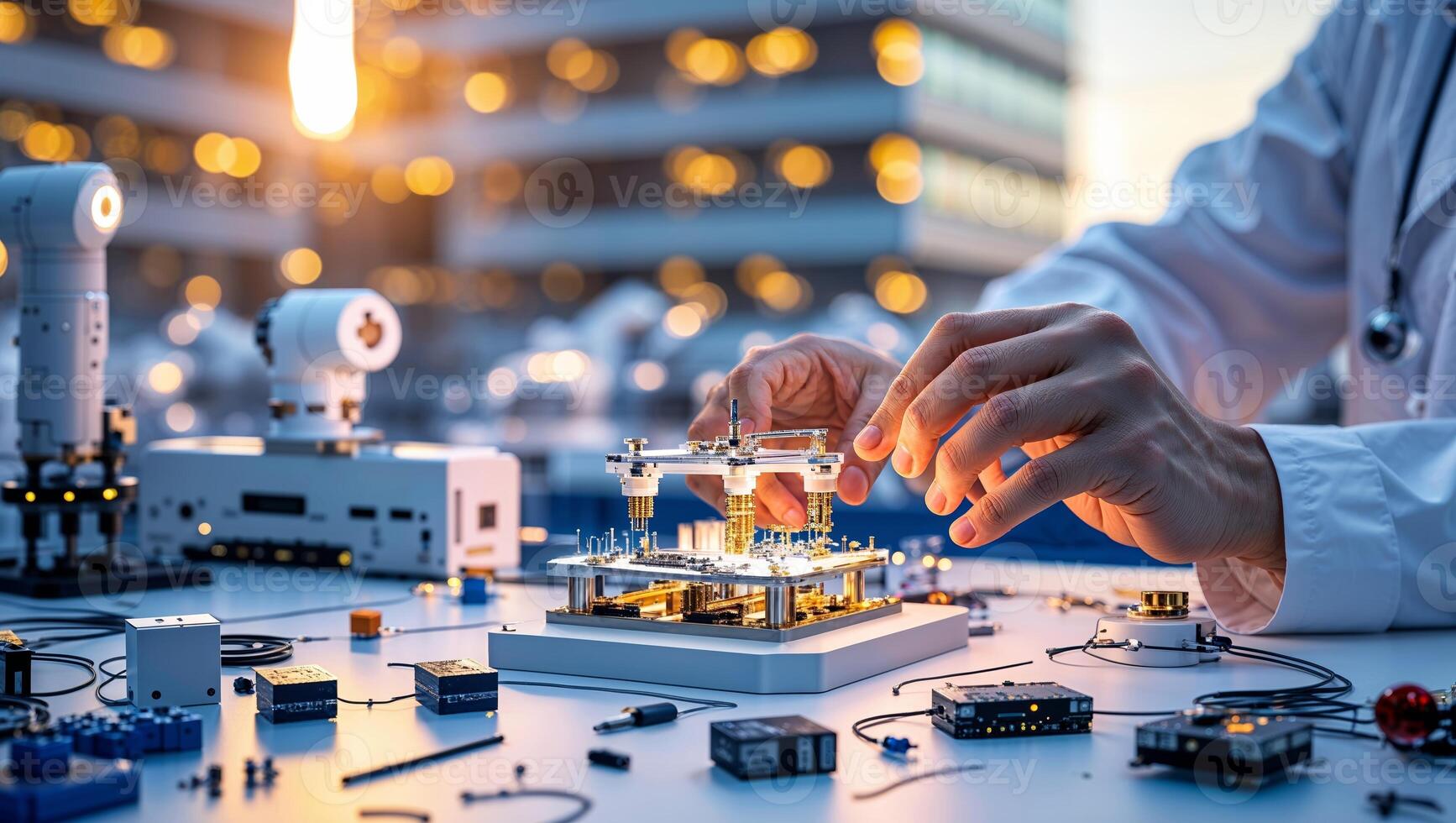 Innovative scientist conducting experiments on advanced technology in a modern laboratory during golden hour photo