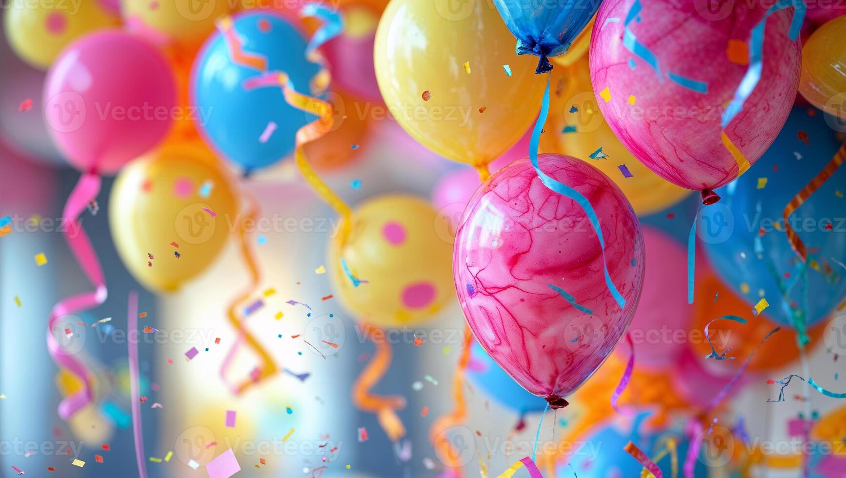 Colorful balloons and confetti create a festive atmosphere for a celebration or party event photo