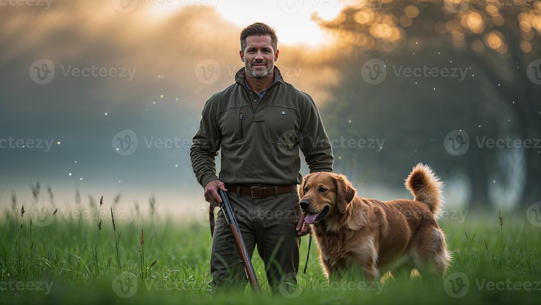 Man walking his golden retriever in a misty field during early morning light photo