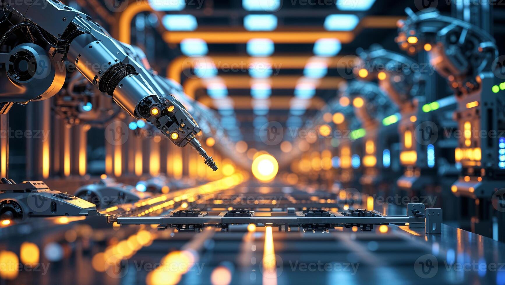 Advanced robotic arms engaging in precision manufacturing tasks at a high-tech facility during a bright, illuminated production cycle photo