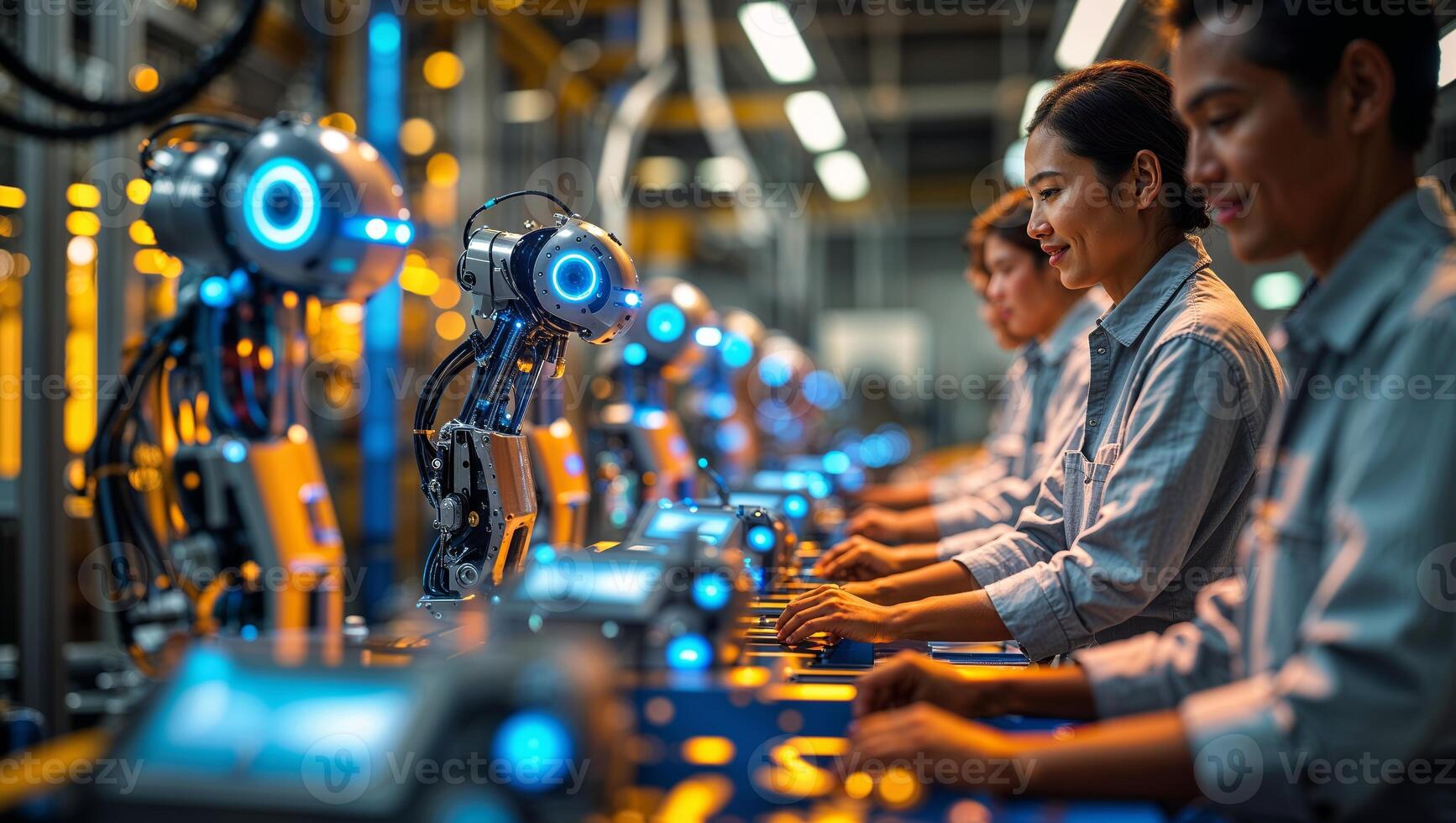 Advanced automation in a modern factory setting with robots and workers collaborating on production tasks photo