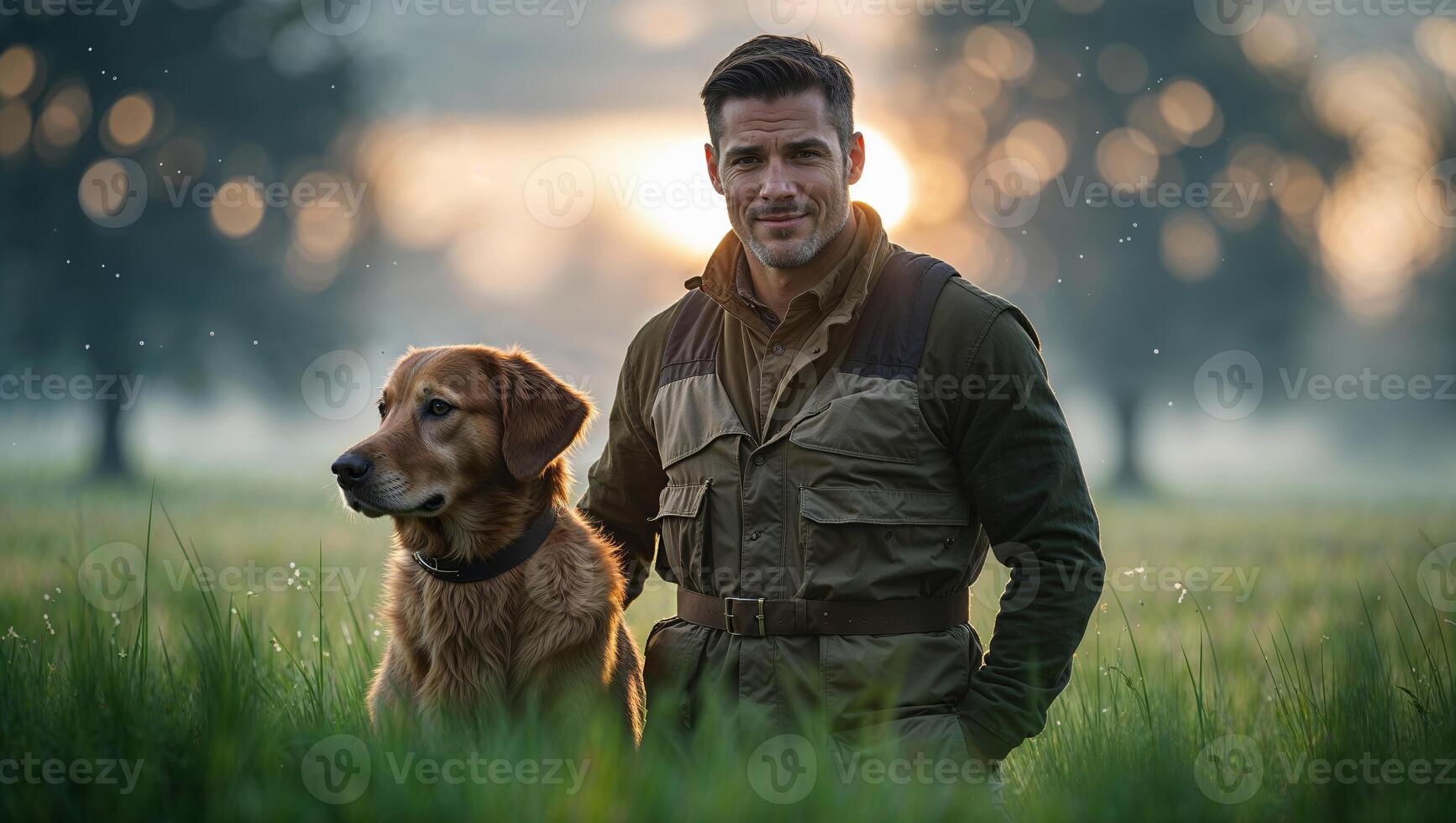 Man and dog enjoying a peaceful morning walk in a lush green field at sunrise near tranquil trees photo