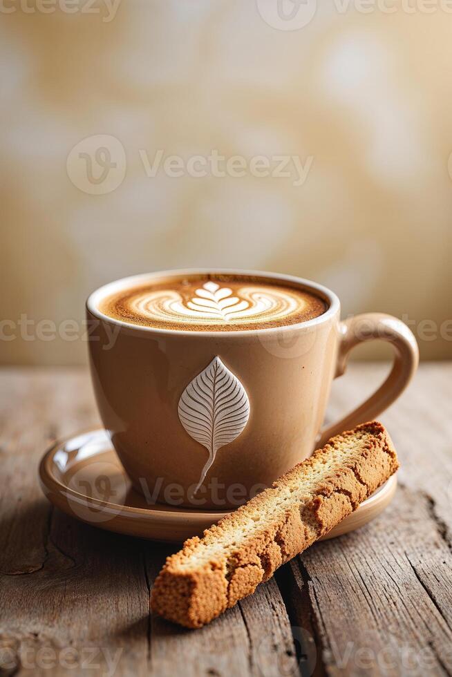 Warm cup of coffee with intricate latte art and a biscuit on a wooden table in a cozy setting photo