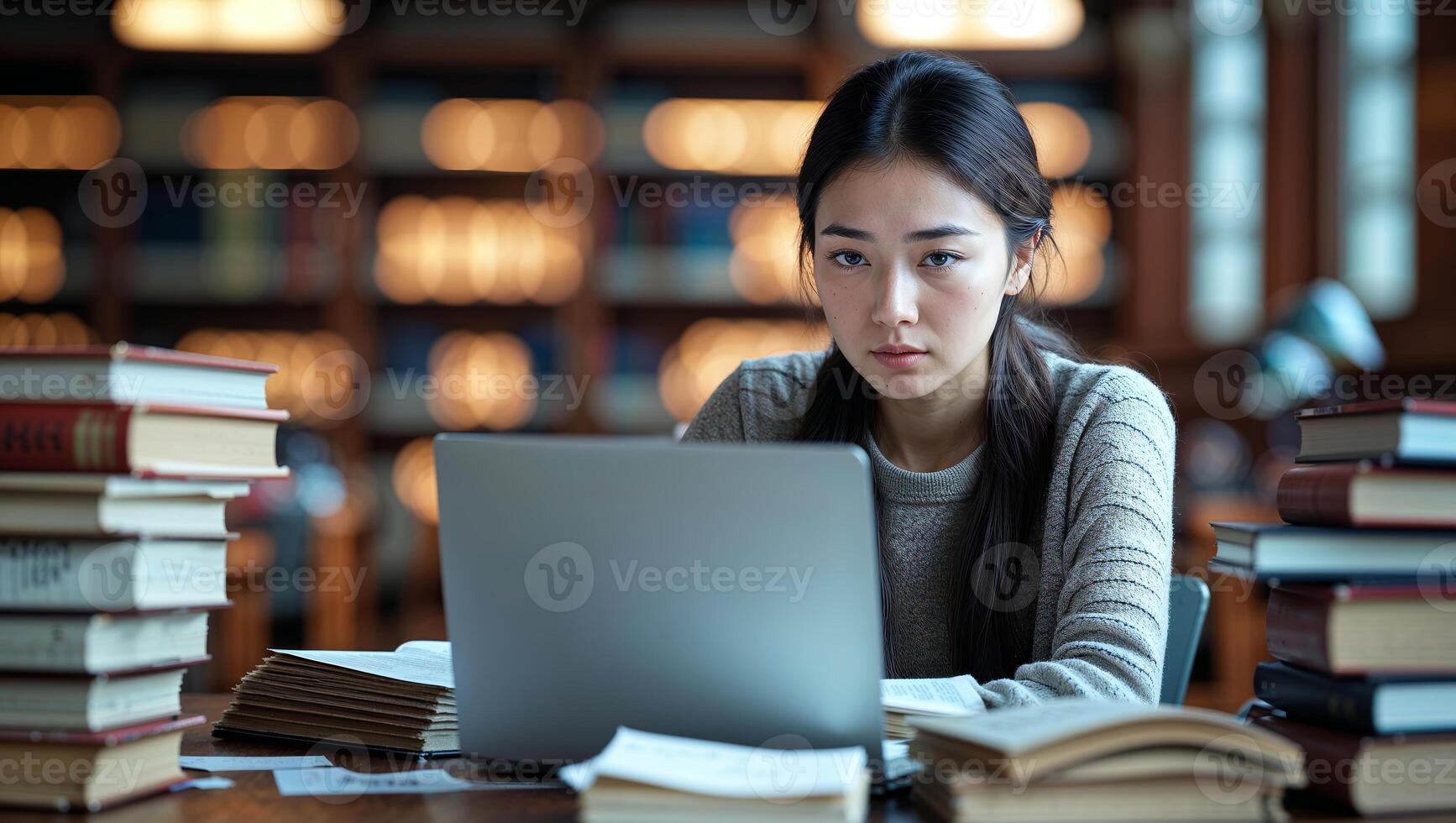 Focused student studying with laptop surrounded by books in a quiet library setting photo