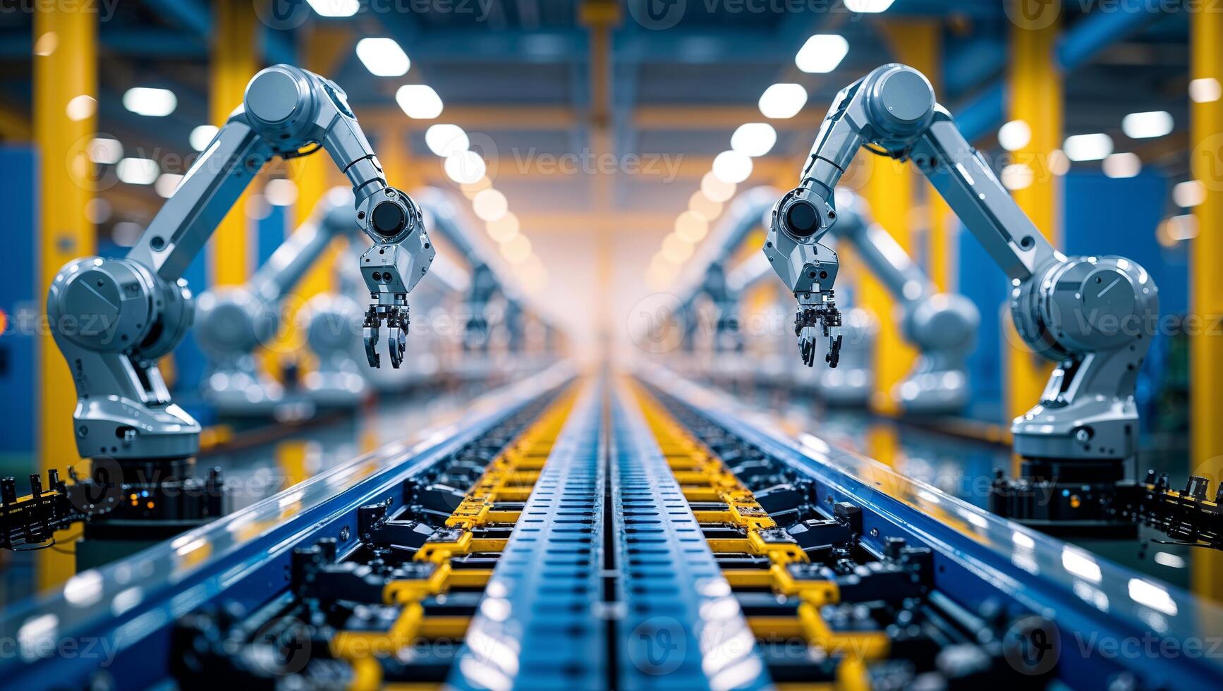 Advanced robotic arms at work on a production line in a modern factory setting during the day photo