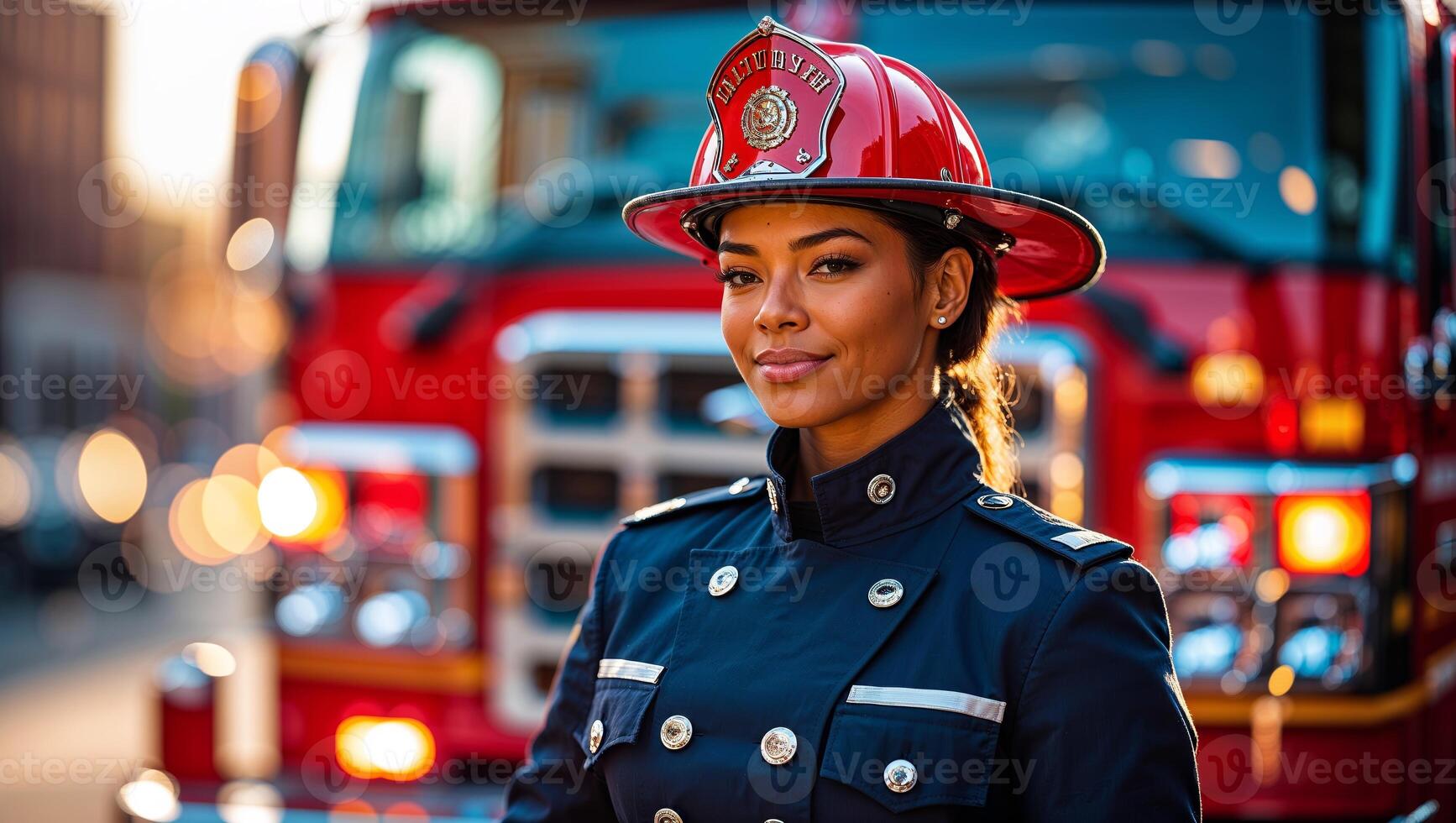 Female firefighter in uniform stands confidently in front of fire truck during golden hour in urban setting photo