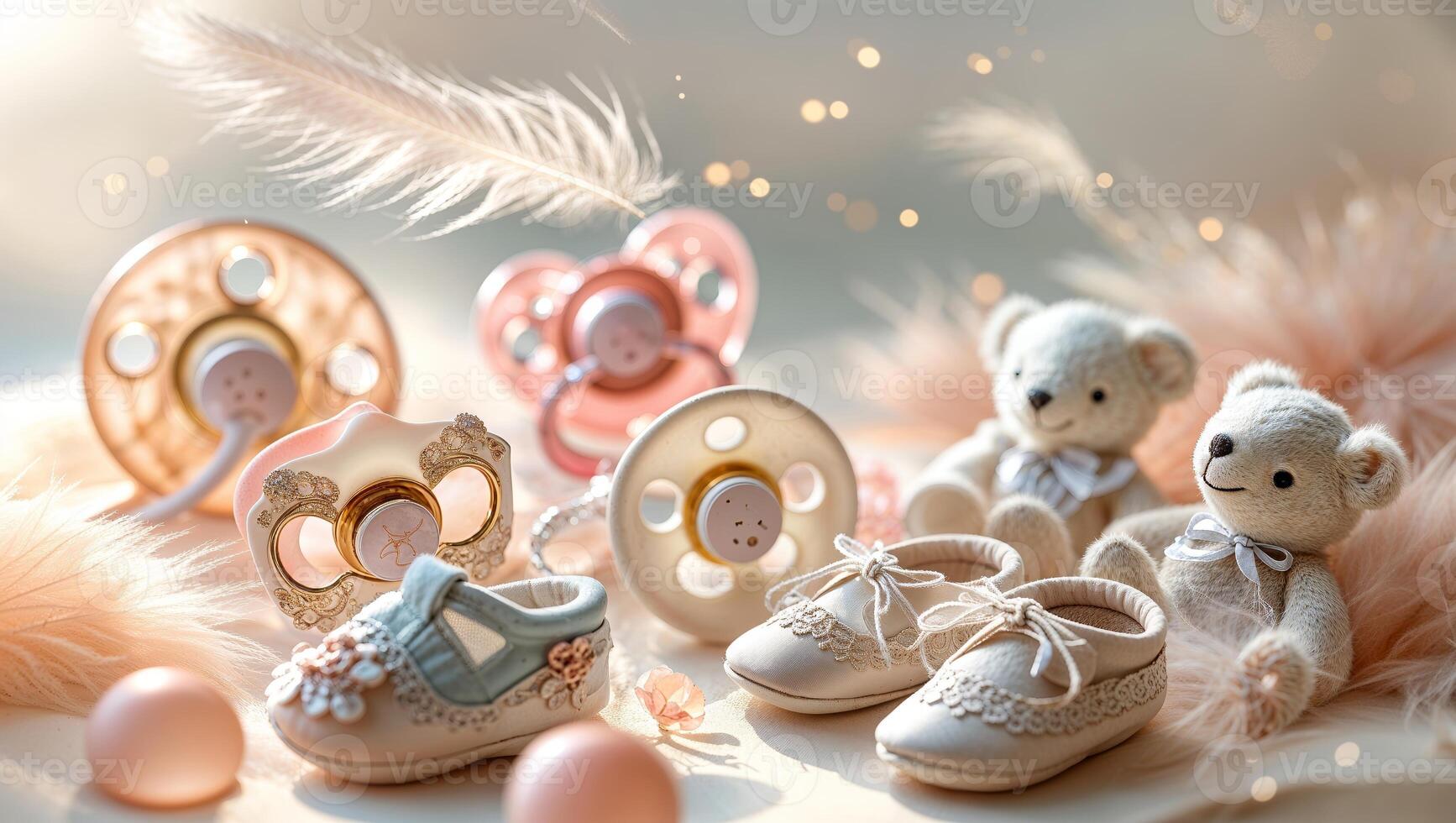 Decorative baby items including pacifiers, shoes, and teddy bears arranged among soft pink feathers photo