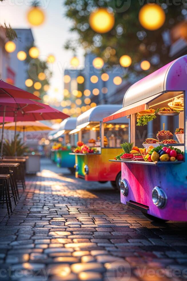 Colorful food trucks line a bustling street decorated with glowing lanterns during a lively evening market photo