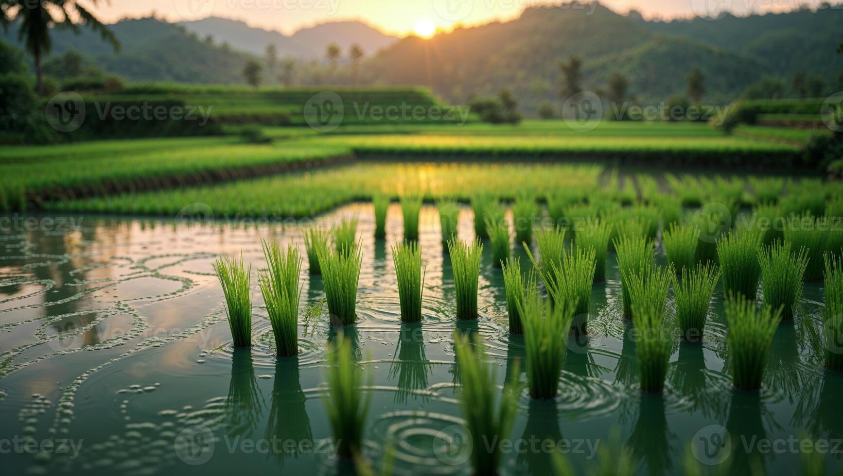 Vibrant rice paddies glisten under the golden sunrise in a lush landscape photo