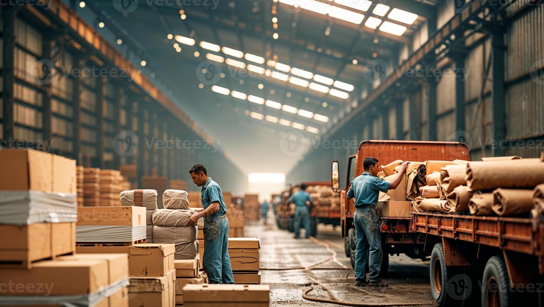 Workers load boxes and rolls of materials onto trucks inside a large warehouse during daylight hours photo