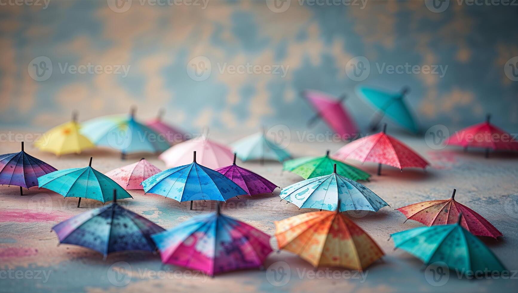 Colorful paper umbrellas arranged on a textured surface during a festive celebration in daylight photo