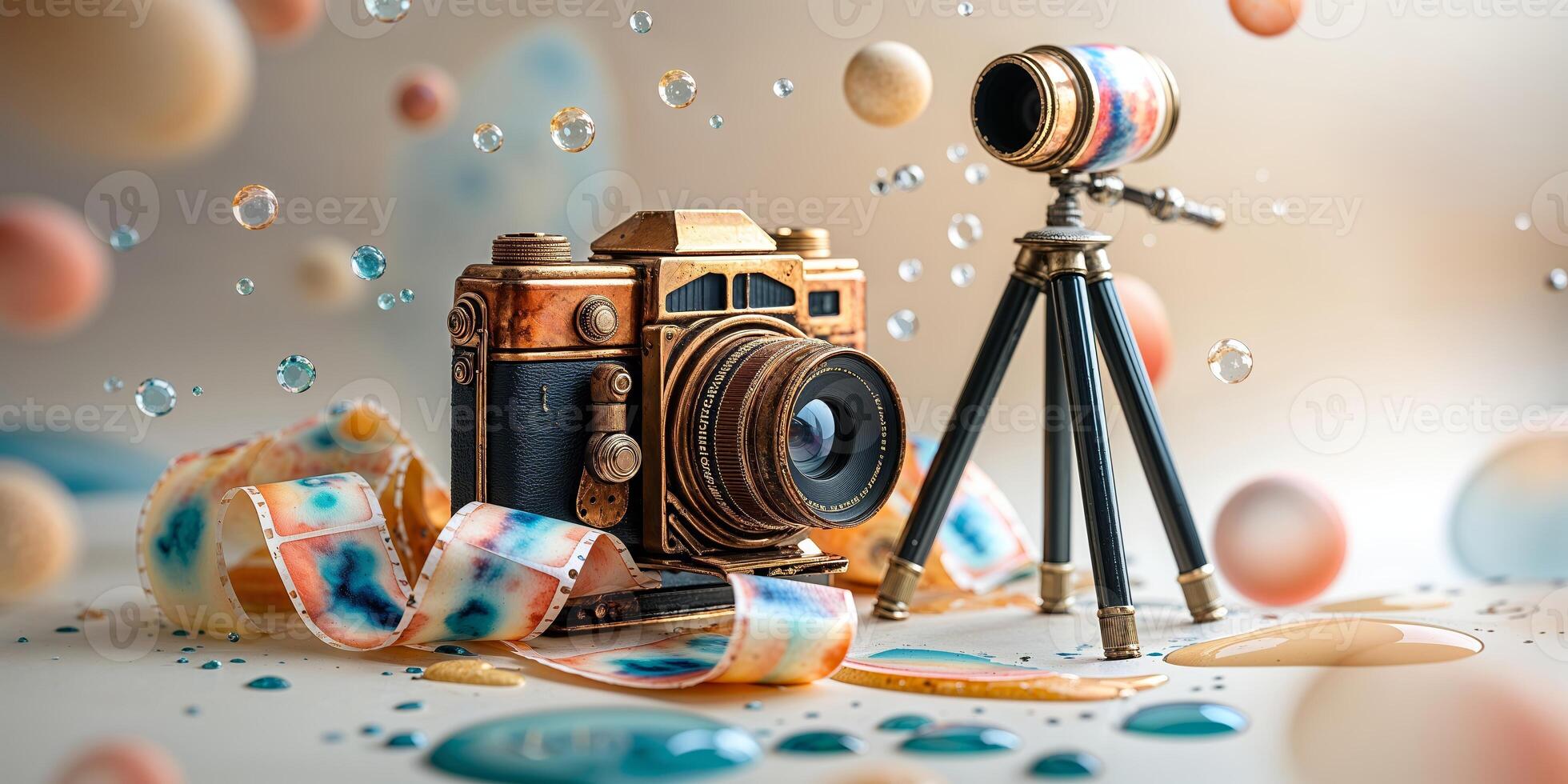 Vintage camera and telescope with colorful film strips and droplets on a surface photo