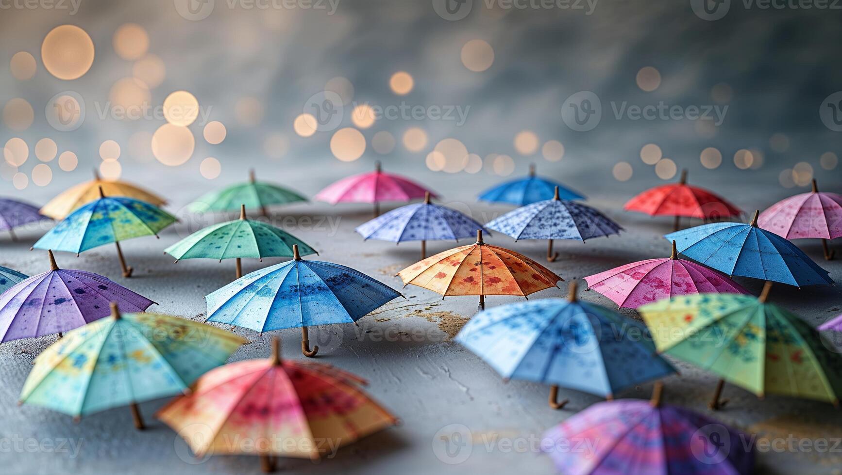 Colorful miniature umbrellas arranged on a textured surface with soft bokeh lights in the background during evening hours photo