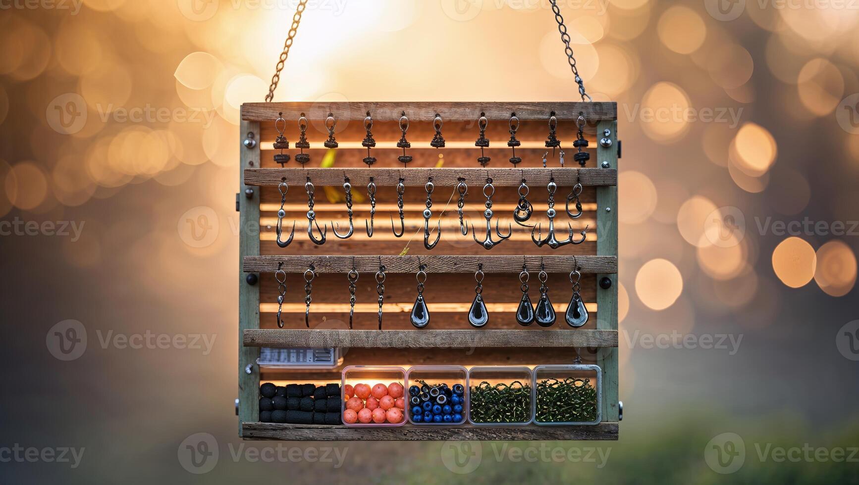 Display of fishing hooks and accessories in a natural setting with blurred background and warm lighting photo