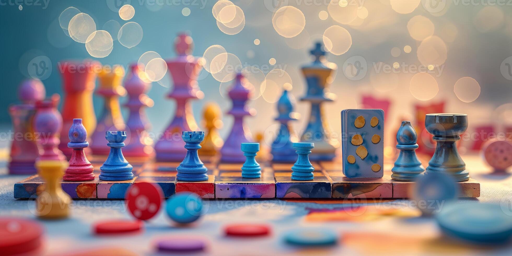 Colorful chess pieces arranged on a vibrant board with blurred lights in the background during a playful gathering photo