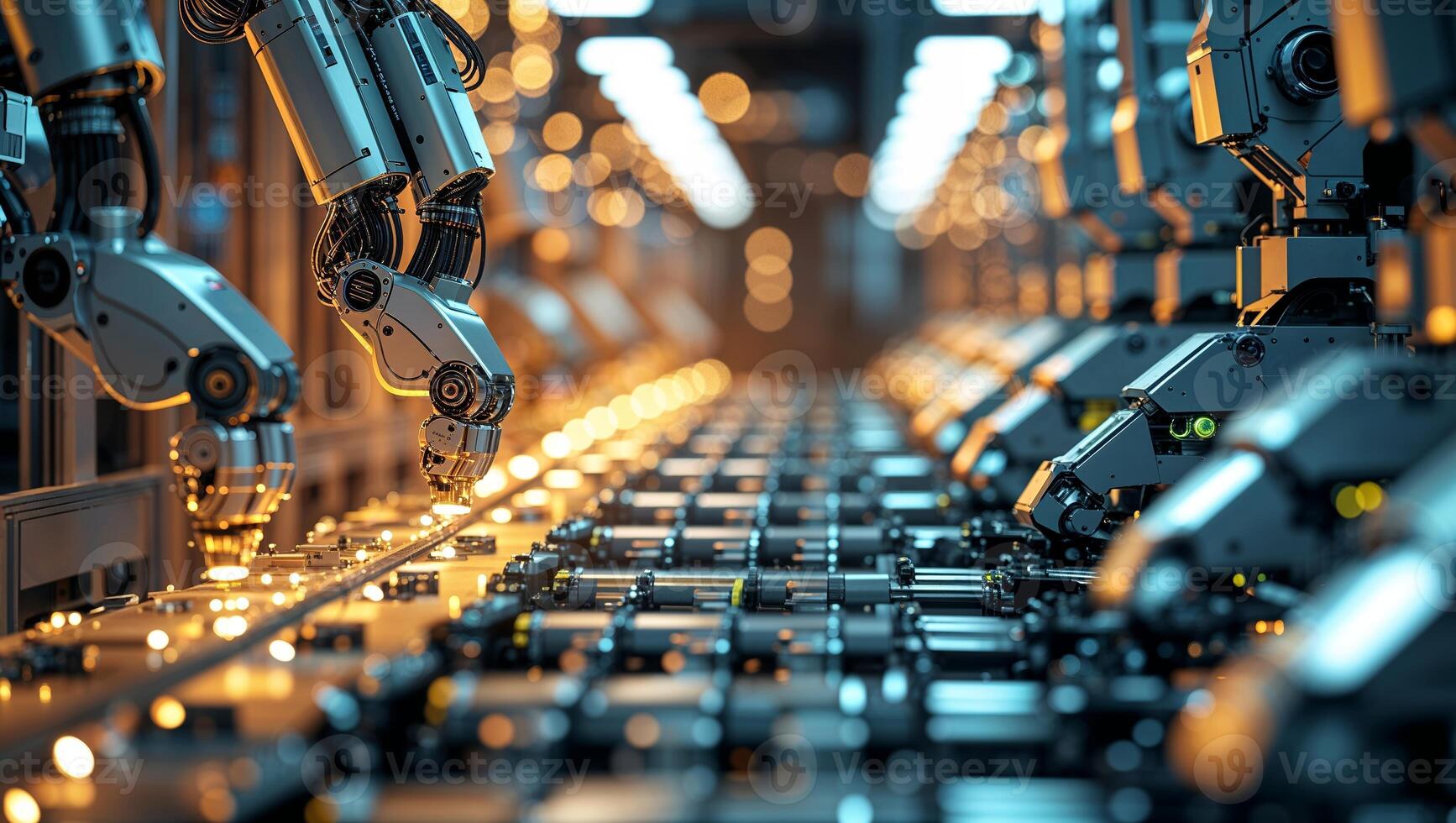 Robotic arms engaged in automated assembly line work in a modern manufacturing facility photo