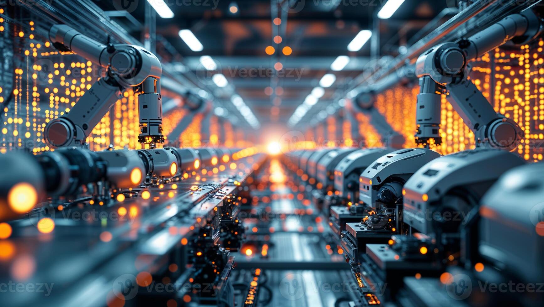 Industrial robots automate assembly line in a modern manufacturing facility during daylight hours photo