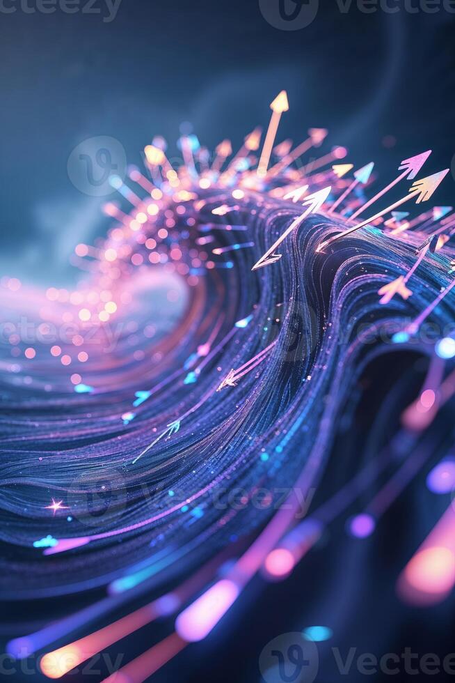 Vibrant abstract wave with glowing arrows illustrating motion and direction at night photo