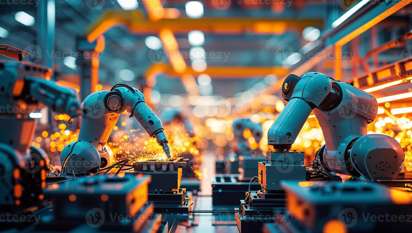 High-tech robotic arms performing automated assembly in a manufacturing facility during evening hours photo