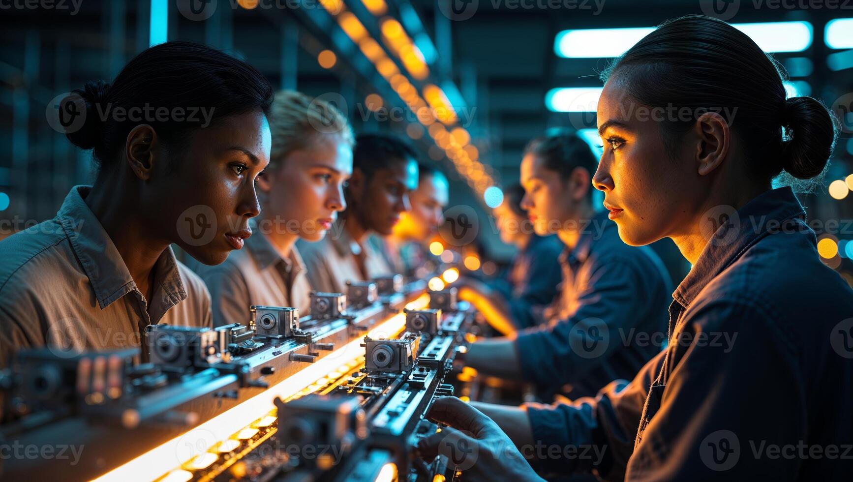 Women working diligently in a modern factory during a night shift focused on assembling electronic components photo