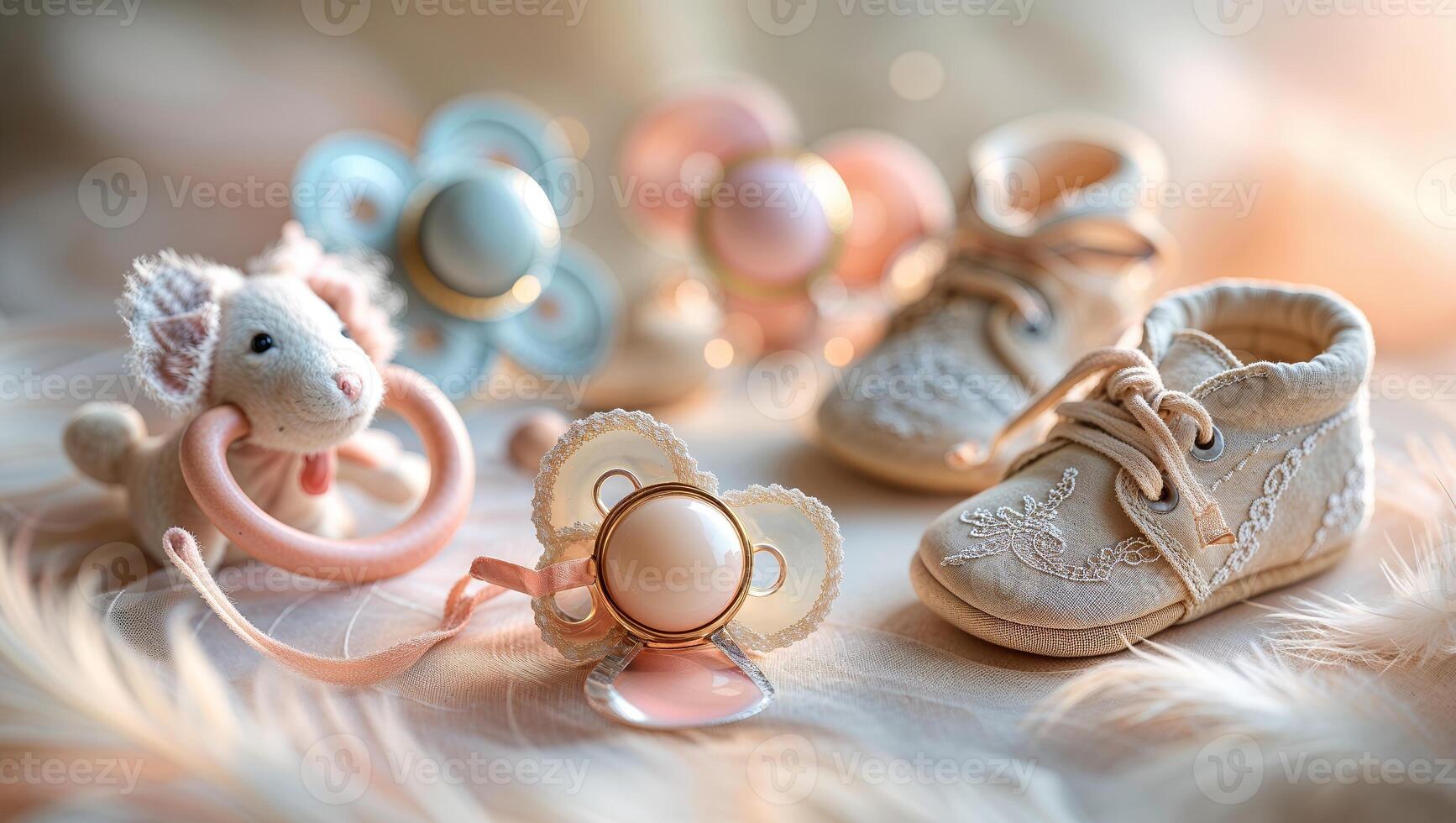 Baby accessories display featuring pacifiers, booties, and a toy lamb in a pastel-themed arrangement photo