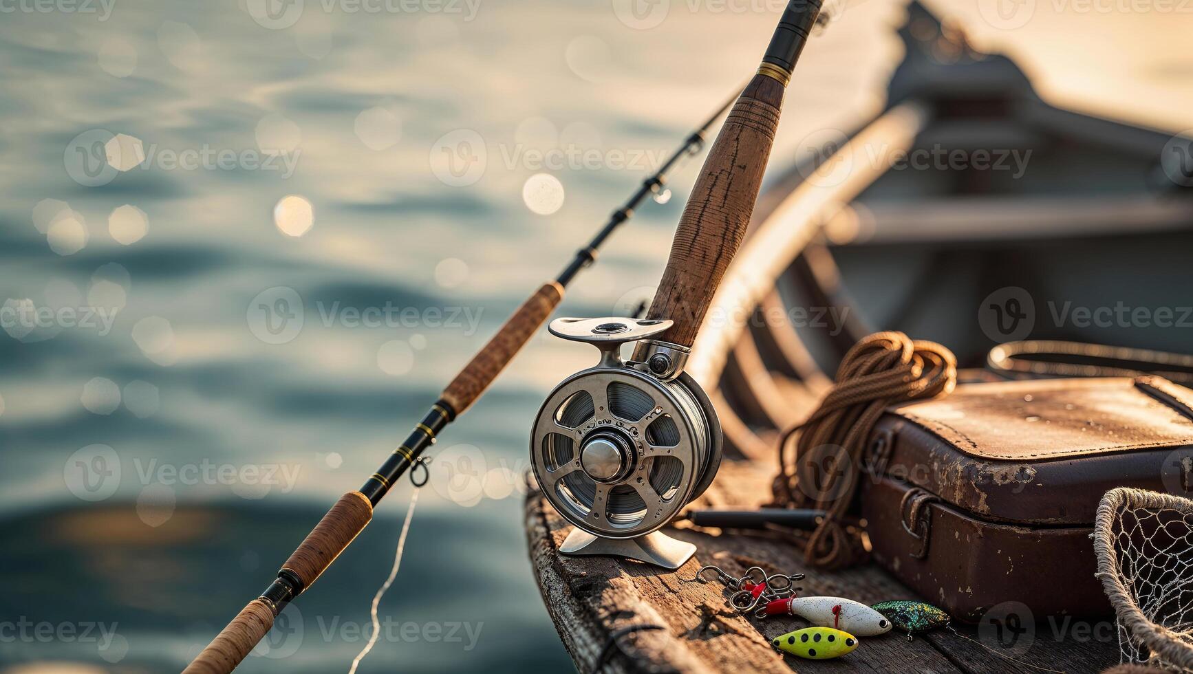 Fishing equipment rests on a wooden boat by the water during sunset near a peaceful lakeside photo