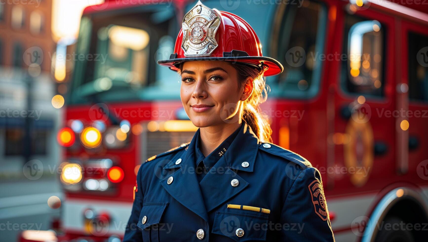 Firefighter in uniform stands confidently in front of fire truck during golden hour in urban area photo