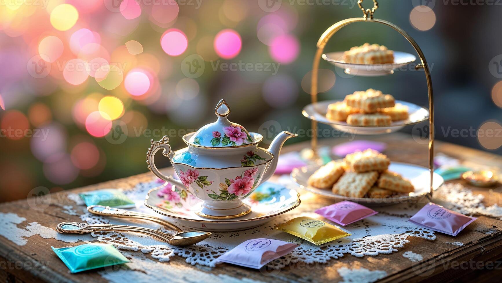 Elegant afternoon tea setting with floral teapot and assorted snacks during a cozy gathering photo