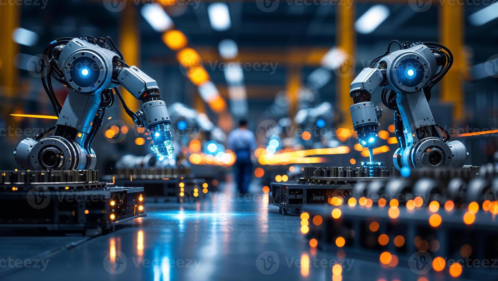 Advanced robotic arms operating in a modern manufacturing facility during evening hours photo