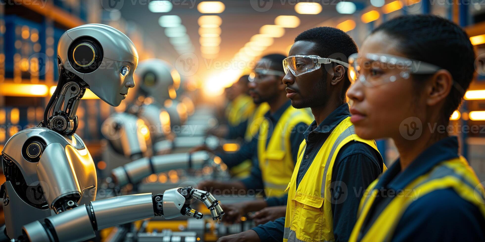 Workers and robots collaborating in a modern factory setting photo